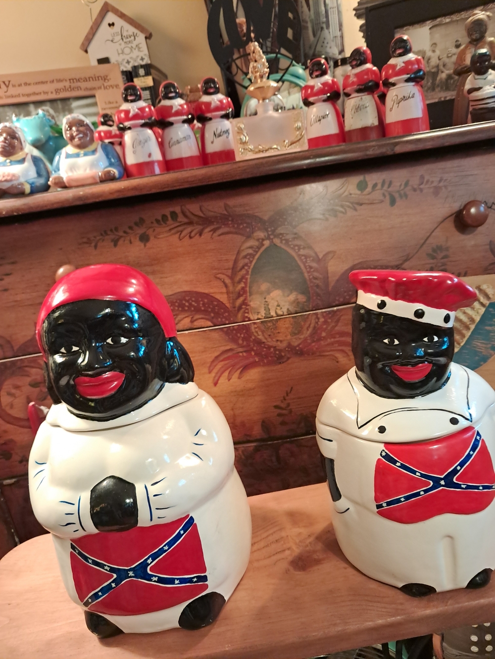 Mccoy Black Mammy and Chef Ceramic Cookie Jars with Red, White, Blue Accents